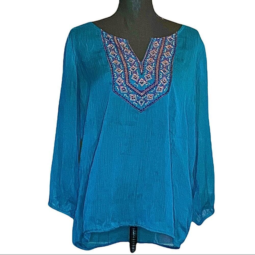 Lucky Brand Sheer Beaded Embellished Blouse Top Career Women's L Large